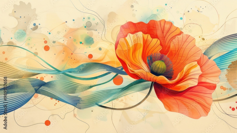 Poster vibrant red poppy flower with flowing waves in a colorful abstract background