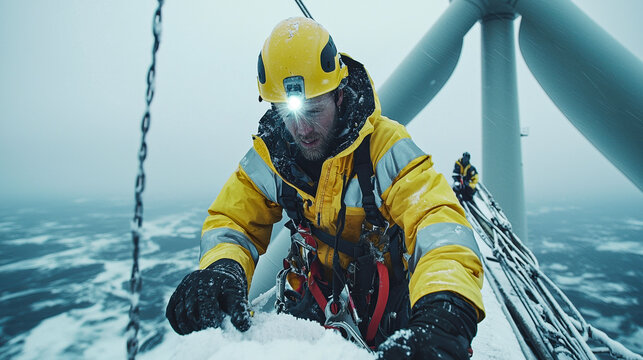 Worker on wind turbine in stormy weather - Powered by Adobe