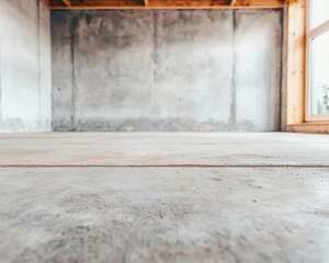 Fototapeta premium Home under construction with exposed concrete floors, ready for the next layer, concrete flooring, foundation finish