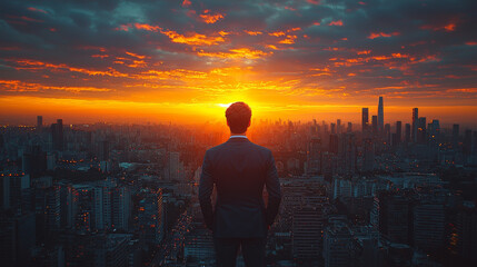 Fototapeta premium Man in suit looking out over a city skyline at sunset.