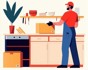 Home with workers installing cabinets in the kitchen, boxes and tools around, kitchen installation, interior detail