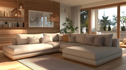 Cozy and Inviting Minimalist Modern Living Room with Large Comfortable Sectional Sofa Bright Accents and Warm Wood Tones