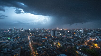 A thunderstorm approaching a city skyline, dark clouds rolling in fast, rain already starting to fall