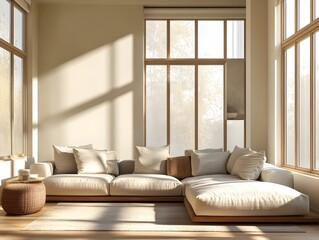 Fototapeta premium Cozy and modern living room interior with minimalist furniture wood accents and warm natural lighting streaming through large windows creating a peaceful and inviting atmosphere