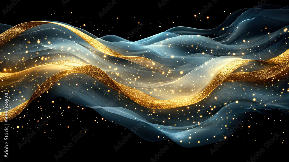 Poster swirling layers of translucent fabric in gold and blue dance together, illuminated by glimmering spa