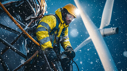 Fototapeta premium Worker on wind turbine in snowy weather