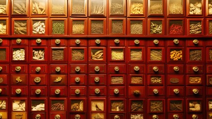 A traditional Chinese medicine cabinet filled with drawers of dried roots, leaves, and flowers, softly lit by warm lantern light