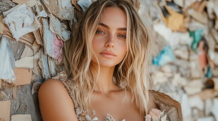 A portrait of a young woman with wavy hair, against a textured background full of recycled materials, embodying beauty and nature.