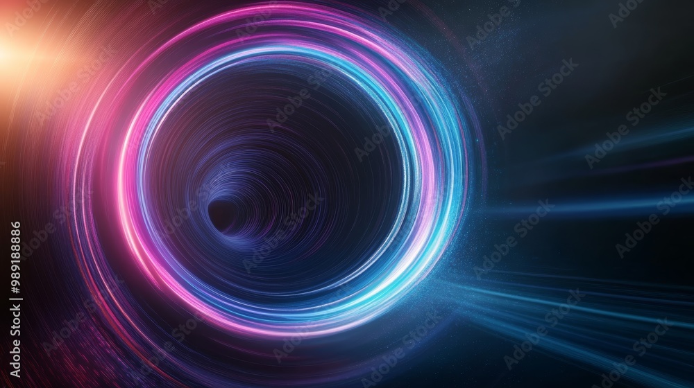 Poster vibrant abstract design featuring a glowing circular tunnel of light, blending blue and pink hues in