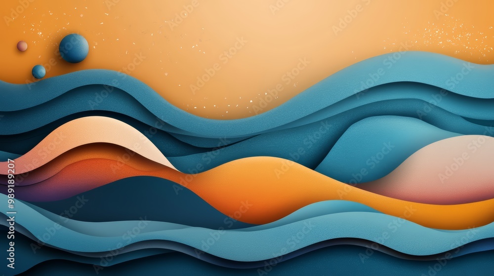 Poster abstract design featuring colorful waves in vibrant hues of blue, orange, and beige, creating a dyna