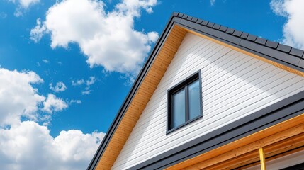 Home under construction with scaffolding and workers installing exterior siding, siding installation, exterior finishing