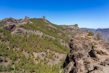 View of the Roque Nublo cliffs from the Mirador Presa de Los Hornos. Gran Canaria. Canary Islands. Spain.