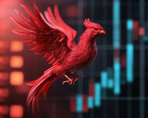 Fototapeta premium Vibrant red phoenix soaring against a digital financial background, symbolizing rebirth and resilience.