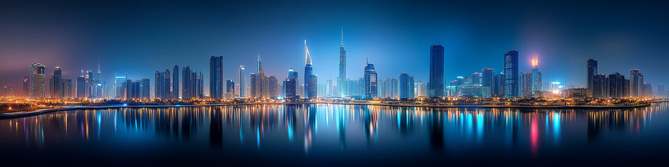 Obraz premium Panoramic nighttime cityscape with tall buildings, their glowing lights reflecting beautifully on the calm water below. For city nightlife concepts.