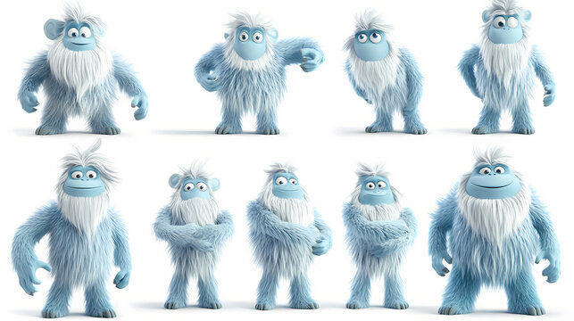 Funny 3d yeti character set isolated on white background. Yeti. Illustration