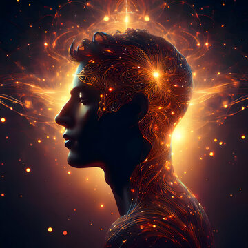  glowing head silhouette radiating soft, warm light, with abstract patterns floating around it in a serene dark background