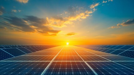 A solar farm under a bright sun, with panels reflecting light, symbolizing renewable energy solutions to address the challenges posed by global warming