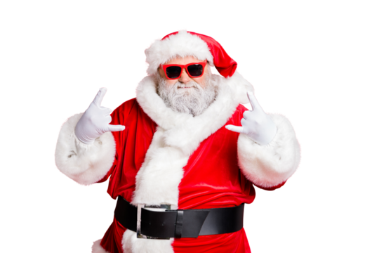 Portrait of his he funky confident content fat overweight plump gray-haired bearded man St Saint Nicholas having fun showing horn sign symbol isolated over bright vivid shine red background