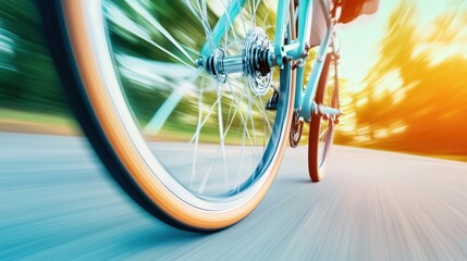 Naklejka premium A photo of a bicycle wheel spinning, with a motion blur effect to highlight the speed and direction of rotation.
