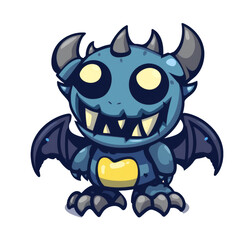 Fototapeta premium Cartoon illustration of a cute blue monster with horns, wings, and big teeth, isolated on a black background.