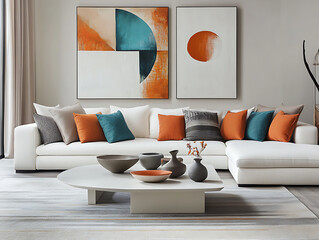 Colorful multicolored sofas, Minimalist interior design of modern living room with colorful multicolored sofa against concrete wall,Japandi, minimalist interior design of modern living room. Ai