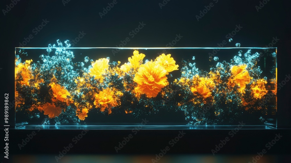 Poster a transparent oled display showing vibrant images, sleek and futuristic workspace with glowing ambie