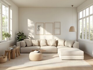 Fototapeta premium Bright and airy contemporary living room with a comfortable oversized sectional neutral color scheme enhanced by pops of color minimalist Scandinavian inspired decor ample natural light and a serene