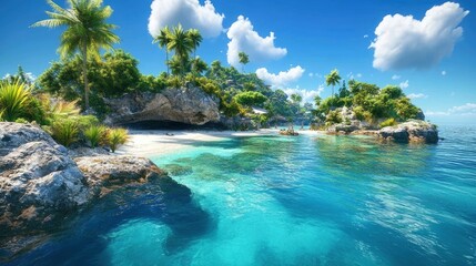 A tropical island with crystal-clear turquoise water, white sandy beaches, and lush green palm trees