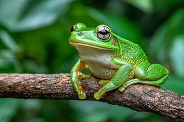 Obraz premium A Vibrant Green Tree Frog Perched on a Branch