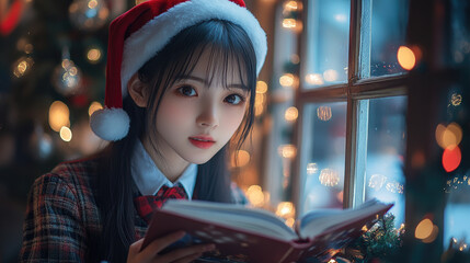 Obraz premium A girl in a Santa hat reads a book next to a window adorned with colorful lights, creating a cozy and festive atmosphere in winter