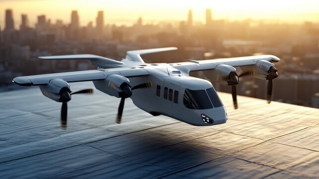 A vertical takeoff and landing (VTOL) aircraft landing on a rooftop pad, futuristic city skyline in the background