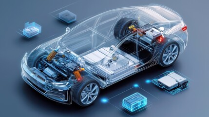 Transparent Electric Car Engine And Battery Illustration