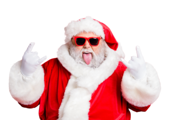 Close-up portrait of his he nice attractive positive playful bearded Santa having fun leisure showing horns symbol sign heavy metal fest isolated over bright vivid shine red background