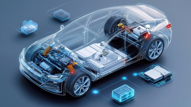 Transparent Electric Car Engine And Battery Illustration