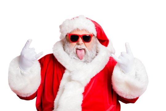 Close-up portrait of his he nice attractive positive playful bearded Santa having fun leisure showing horns symbol sign heavy metal fest isolated over bright vivid shine red background