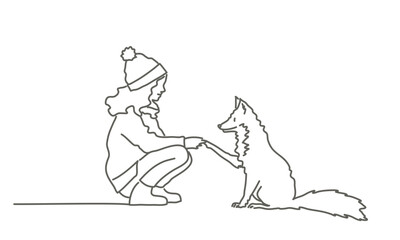 Girl is petting a fox. The girl is wearing a hat and a coat. The fox is sitting on the ground. Hand drawn vector illustration. Black and white.