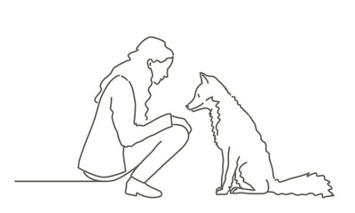 Woman is kneeling down to pet a dog, fox. The fox, dog is sitting on the ground. The woman and the dog seem to be enjoying each other's company. Hand drawn vector illustration. Black and white.