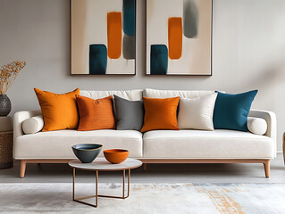 Colorful multicolored sofas, Minimalist interior design of modern living room with colorful multicolored sofa against concrete wall,Japandi, minimalist interior design of modern living room. Ai