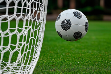 Soccer ball heading towards the goal during a match on a grassy field, copy space for text