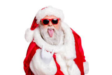 Close-up portrait of his he confident crazy naughty fat overweight plump gray-haired bearded man having fun showing horn symbol rock roll heavy metal isolated over bright vivid shine red background