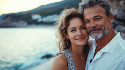 Close up portrait of mid age man and woman model couple on the beach feeling happy
