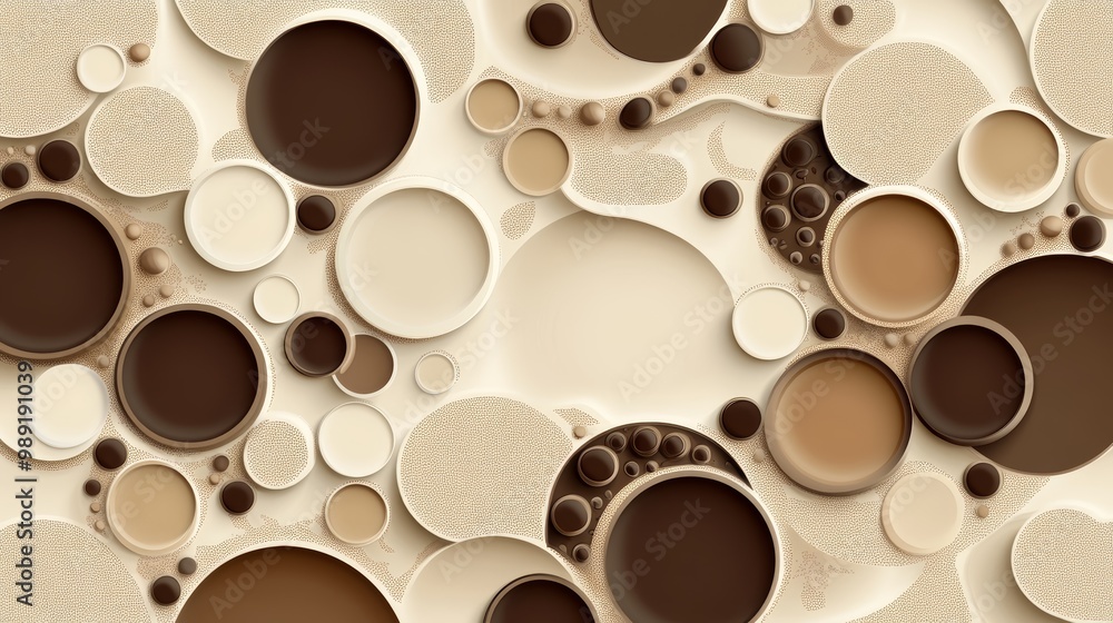 Poster abstract composition of layered circles in earthy tones, creating a visually striking and modern bac