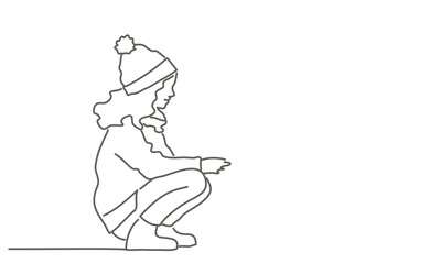 Girl in a hat is crouching down. She is looking at something. The image has a cold, wintery feel to it. Hand drawn vector illustration. Black and white.