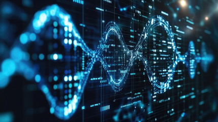 Fototapeta premium A vibrant digital representation of a waveform illustrating data flow, featuring glowing blue patterns against a dark background