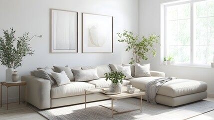 Bright and airy contemporary living room with a comfortable oversized sectional neutral color scheme enhanced by pops of color minimalist Scandinavian inspired decor ample natural light and a serene