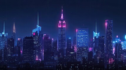 a city skyline at night, with towering buildings illuminated against the dark sky, creating a glowing urban landscape