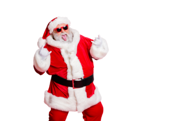 Portrait of his he cheerful carefree confident content crazy naughty fat overweight plump gray-haired bearded man showing horn rock roll heavy metal isolated over bright vivid shine red background