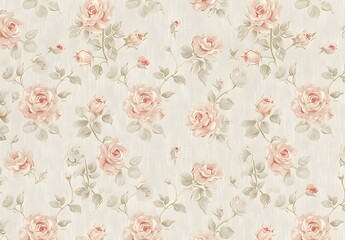 Vintage Pink Rose Floral Pattern on Linen Fabric