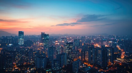 a cityscape at twilight, with modern buildings lit up against a darkening sky, creating a peaceful urban scene