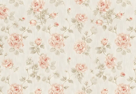 Fototapeta Vintage Pink Rose Floral Pattern on Linen Fabric